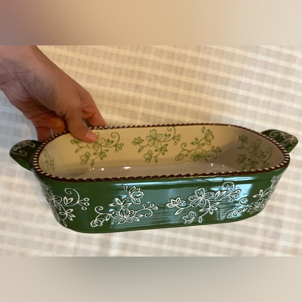 NEW Floral Green and White Ceramic Baking Dish - Picture 5 of 6